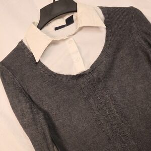 Basic Editions Women Gray Knit Sweater White Collared Shirt Combo Size M